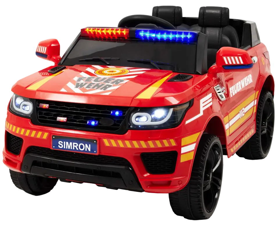 Deutsche FEUERWEHR, Kinderauto Feuerwehrauto mit Sirene und Funkgerät von SIMRON in Rot/Gelb (Feuerwehr 112)